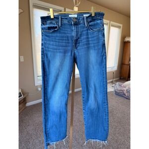FRAME Le High Straight Jeans Womens Size 31 Blue Wash Raw Hem Denim